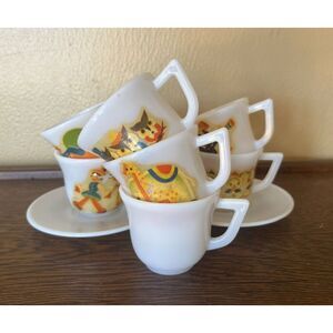 VTG Childs Milk Glass Tea Set Mugs Cups Saucers Duck Owl Chicken Lot 9
